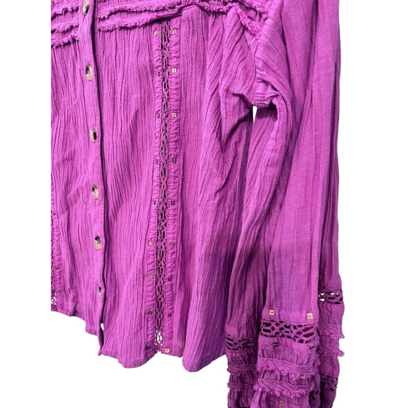 Free People Summer Stars Button Down Pink Boho Shirt Size Small Cotton Crochet - Picture 4 of 7